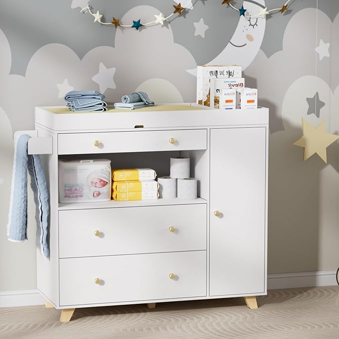 PAKASEPT Changing Table Modern Dresser with Wide Table Top, 3 Drawers, White Drawer Dresser
