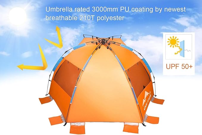 Oileus X-Large 4 Person Beach Tent Sun Shelter - Portable Sun Shade Instant Tent for Beach with Carrying Bag, Stakes, 6 Sand Pockets, Anti UV for Fishing Hiking Camping, Waterproof Windproof, Orange