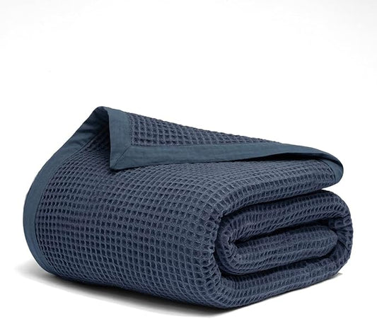 Salt Earth GOTS Certified 100% Organic Cotton Throw Blanket, 108"X90" Waffle Blankets & Throws for Bed, Throw Blanket for Couch, Modern & Cozy Blanket, All Season Waffle Blanket, Soft Blanket (Navy)