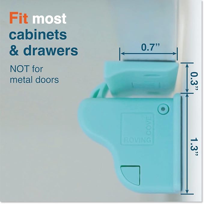 Roving Cove Ergonomic Magnetic Cabinet Baby Locks 12-pk, Child Proof Drawer Cupboard Latches, Adhesive, Easy Install with Starter Tape System