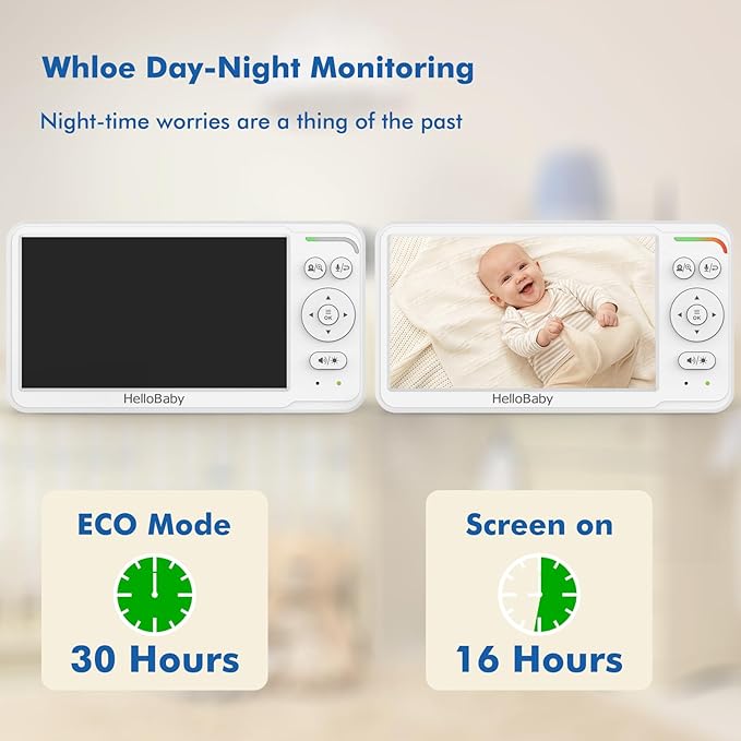 HelloBaby Baby Monitor with 6" World First IPS Screen 30-Hrs Battery, No WiFi Video Baby Monitor Camera and Audio, Remote Pan/Tilt/Zoom, ECO, VOX, 2-Way Talk, Night Vision, 1000ft, Portable for Travel