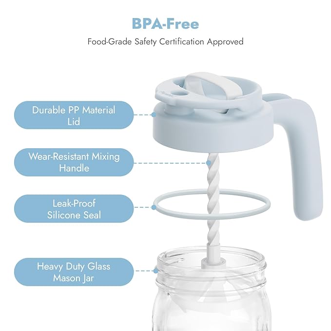 Papablic Glass Breastmilk Pitcher, Formula Mixing Pitcher with Mixing Handle Lid, Wide Mouth Mason Jar Mixer with Flip Locking Spout, Easy to Clean, BPA Free, Blue