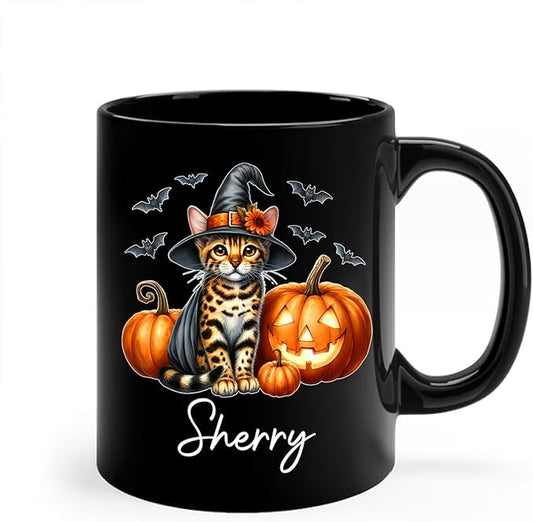 Personalized Name Bengal Wearing Witch Hat Coffee Mug, Custom Bengal Halloween Ceramic Cup, Spooky Cat Pumpkins Mug 11oz 15oz, Pet Halloween Black Cup, Gift for Cat Dad Mom Family Friend