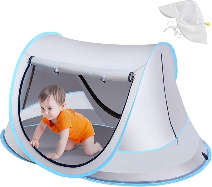 Baby Beach Tent with Baby Hat, Pop Up Toddler Travel Bed with Sun Hat for Boys or Girls, Sun Shade for Toddler Camping, Infant Portable Sun Shade, Summer Beach Baby