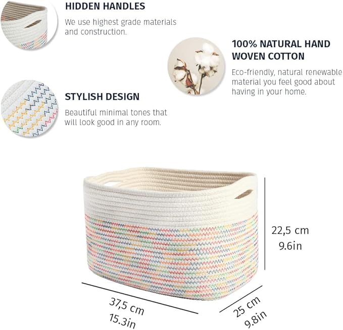 OrganiHaus Woven Storage Basket, Nursery Storage Basket, Towel Basket for Bathroom, Cotton Rope Basket for Storage, Decorative Storage Baskets, Woven Baskets for Storage, Rainbow Book Basket