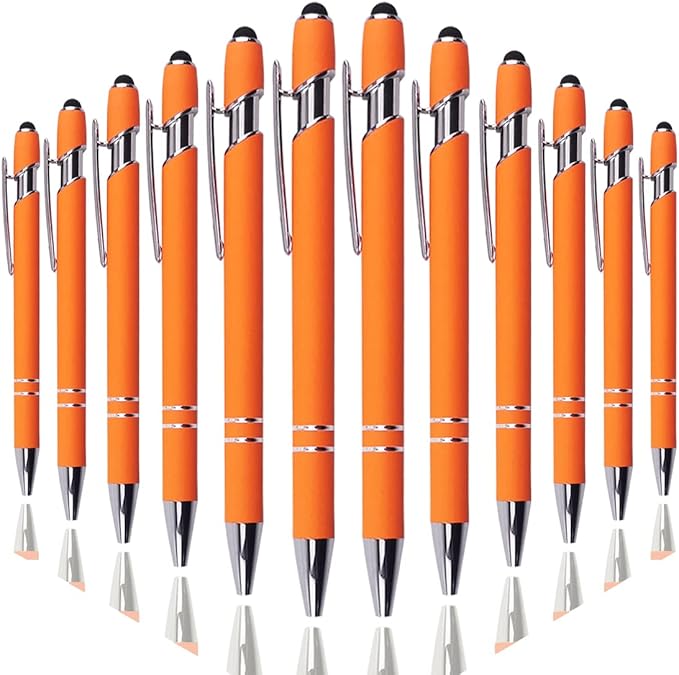 Ballpoint Pen with Stylus Tip, Soft Touch Click Metal Pen, 1.0mm Medium Point, Black Ink, 12 Count(Orange)