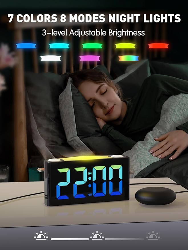 PPLEE RGB Vibrating Alarm Clock for Bedroom-Digital Clock with Bed Shaker,Super Loud Alarm Clock for Heavy Sleeper Hearing Impaired Deaf,Large Big Numbers for Senior,USB&Type-C,Dimmable,Battery Backup