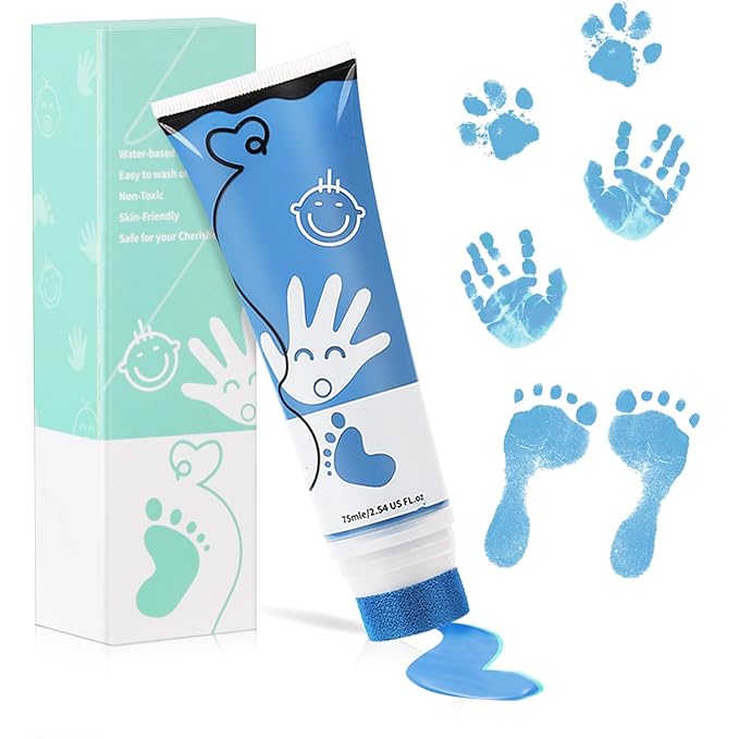 75ml Blue Baby Hand and Footprint Ink Kit, Baby Handprint Footprint Paint for Newborn Keepsake, Dog Cat Paw Print Kit, Washable, Non Toxic Acid-Free, Safe Gentle for Ideal New Mom Gifts