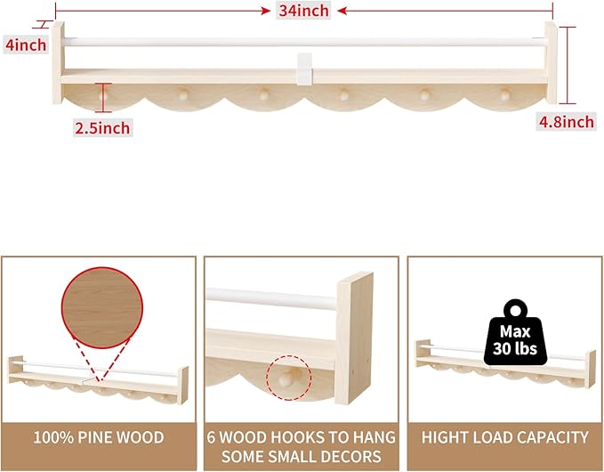Nursery Bookshelves Wall Mounted，34inch，Set of 3, Floating Shelf Kids Coat Rack with 6Hooks,Hanging Shelf for Baby Nursery Room Décor, Patent Number: 29924445,Burlywood