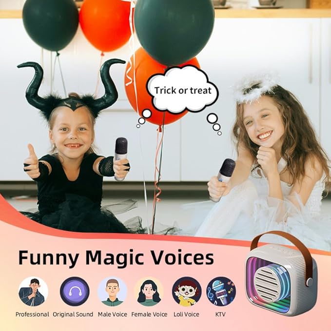 YF93 Mini Karaoke Machine for Kids with Bluetooth Speaker, 7 Voice-Changing Modes, Dual Microphones, Colorful LED Lights, TF Card Support, Portable Singing Gift for Children and Parties(Beige)