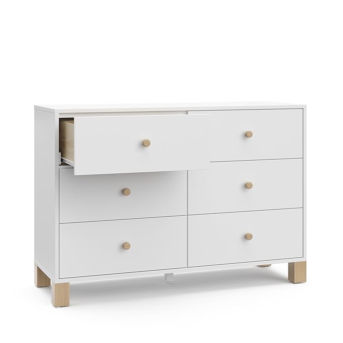 Storkcraft California 6-Drawer Double Dresser (White with Driftwood) - GREENGUARD Gold Certified, Interlocking Drawer System, Dresser Drawer Organizer for Kids Bedroom