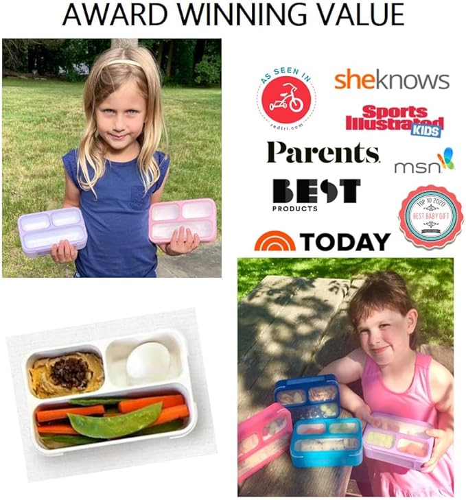 Kids Glitter Snack Container - Mini Bento Lunch-Box, Small Leakproof Container Boxes for Toddlers Girls Snacks Lunches, 3 Compartment - School Daycare Portion Containers, Pink Purple Sparkle Set of 2