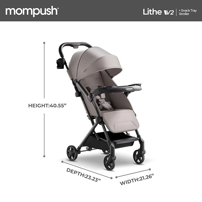 Mompush Lithe V2 Lightweight Travel Stroller, Compact Foldable Baby Stroller with Travel Bag, One-Hand Fold Stroller, Snack Tray, Mechanical Recline Seat, Airplane-Ready, Organizer & Rain Cover