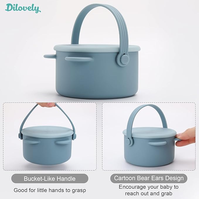 Snack Cups for Toddlers, Baby Snack Containers, Silicone Toddler Snack Cups No Spill, Food Catcher with Lid & Bucket-like Handle, BPA Free & Dishwasher Safe, 9 Ounce Smoke Blue