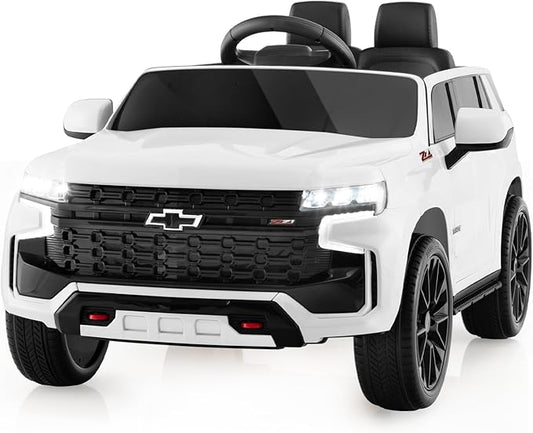 Costzon Ride on Car, 12V Licensed Chevrolet Tahoe Battery Powered Electric Vehicle w/ 2.4G Remote Control, High/Low Speed, Music, Lights, MP3/USB/FM, Spring Suspension, Electric SUV for Kids (White)