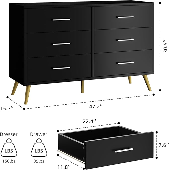 Shintenchi 6 Drawer Dresser, Wide Chest of Drawers Organizer Storage with Drawers, Large Storage Cabinet, Modern Design Dresser for Bedroom, Living Room, Porch, Black