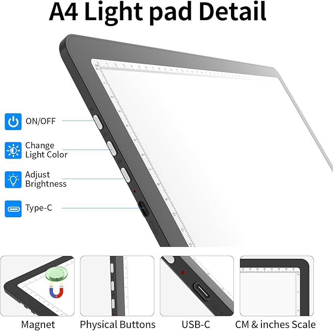 TOHETO A4 Light Board with Bag for Diamond Painting, Super Bright Magnetic Light Pad with Side Buttons, Lightbox for Tracing and Drawing, Corded Light Table for Sketching, Weeding Vinyl (Black)