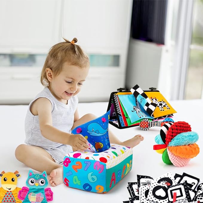 Baby Gifts Set,Infant Toys Set with Tummy Time Mirror,Plush Teethers,High Contrast Baby Books,Rattle,Tissue Box Toy,Sensory Ball for Boys Girls,Perfect Sensory Toys Gifts Basket for Shower Birthday