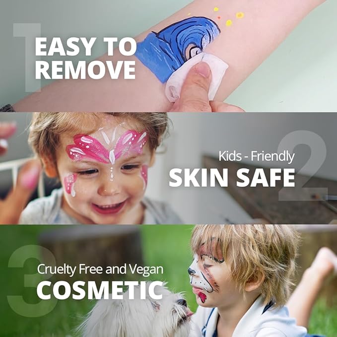 Grida Face Painting Kit for Kids - Grida Professional Party Kit Night Pack with 12 Skin-Safe, Vegan, Cruelty-Free, 2 Art Brushes, 1 Palette - Easy-Remove Face Paint & Glow in Dark Effect