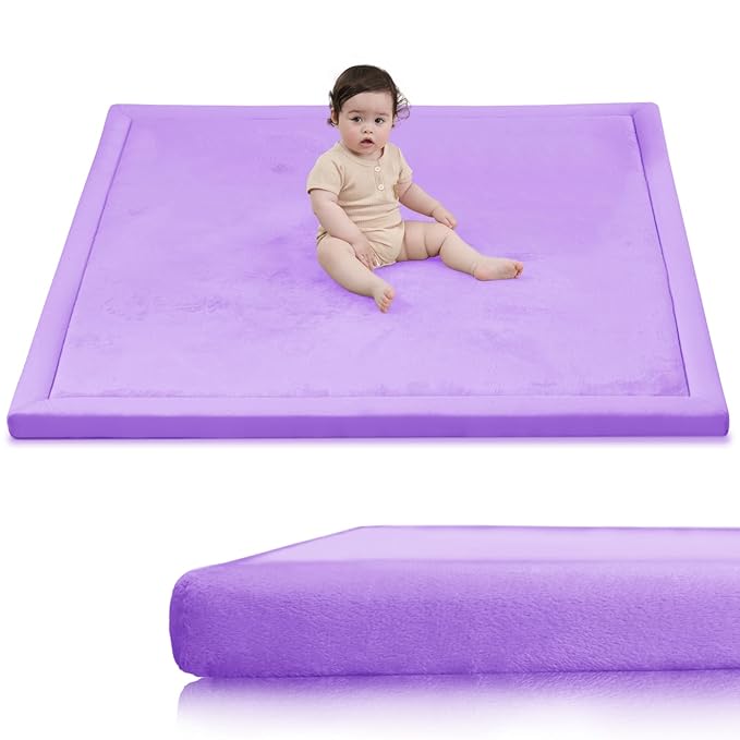 Baby Play Mat for Floor,1.3" Thick Elasti-Foam 50x50 Playpen Mat for Toddlers Infant Kids,Water-Repellent Soft Coral Velvet for Tummy Time,Non-Slip Backing for Crawling,Tatami Style(Lavender)