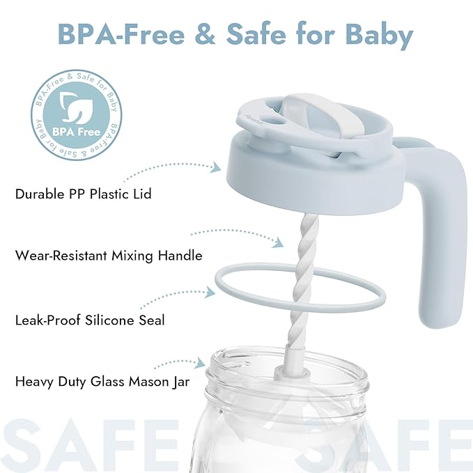 Papablic Glass Breastmilk Pitcher, Formula Mixing Pitcher with Mixing Handle Lid, Wide Mouth Mason Jar Mixer with Flip Locking Spout, Easy to Clean, BPA Free, Blue