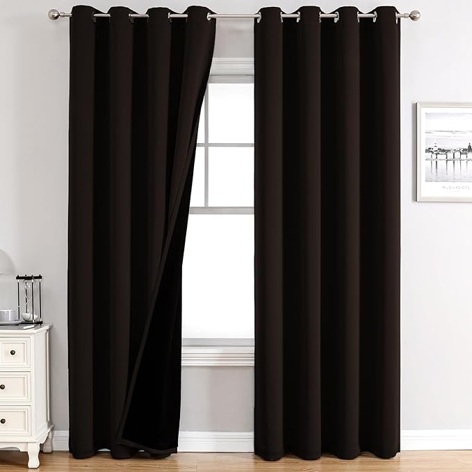 ChrisDowa 100% Blackout Curtains for Bedroom with Black Liner, 2 Thick Layers Total Blackout Thermal Insulated Grommet Window Curtains 2 Panels Set (Brown, 52 x 84 Inch)