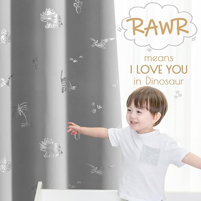 Vangao Grey Blackout Curtains Dinosaur Curtains for Boys Kids Nursery Girls Room Silver Dino Foil Print Thermal Insulated Grommet Top Window Drapes 63 Inches Length 2 Panels