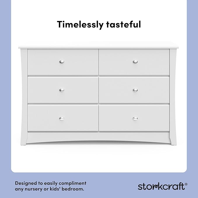 Storkcraft Crescent 6 Drawer Double Dresser (White) – GREENGUARD Gold Certified, Nursery Dresser for Kids Bedroom