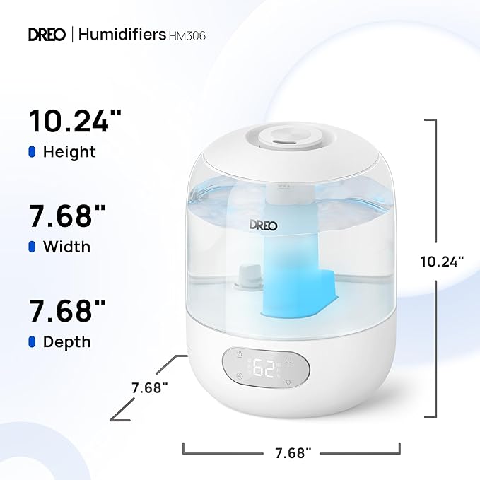 Dreo Humidifiers for Bedroom, 3L Top Fill 30H & 26dB Quiet Runtime for Large Room, Cool Mist Ultrasonic Humidifier with Humidity Sensor, Night Light for Home, Baby, Nursery, Plants, 360° Nozzle, White