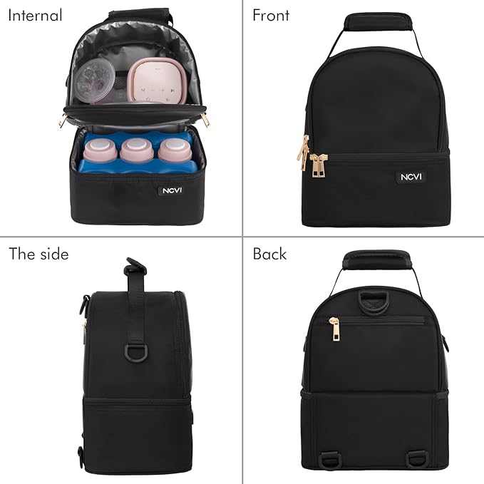 NCVI Breastmilk Cooler Bag with 2 Ice Pack, Breast Pump Bag with Cooler Fits 6 Bottles, Double Layer Breast Milk Baby Bottle Cooler Bag, for Travel, Nursing Mom Daycare, Work, Picnic (Black)
