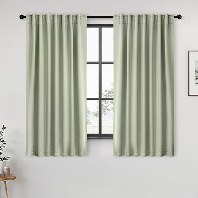 ANRODUO Back Tab Blackout Curtains for Bedroom Living Room, Rod Pocket Pinch Pleated Thermal Insulated Room Darkening Curtains 72 Inches Long 2 Panels, Sage Green, 52 x 72 Inch
