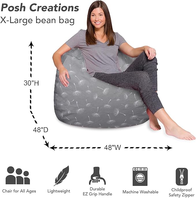 Posh Creations Bean Bag Chair for Kids, Teens, and Adults Includes Removable and Machine Washable Cover, 48in - X-Large, Canvas White Dandelions on Gray