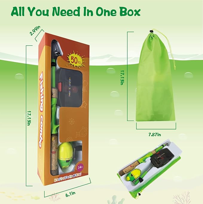 Kids Fishing Pole Set, Kids Fishing Rod and Reel Combo and Fishing Net Tackle Box with Fishing Lures Hooks and Bag for Boy, Girl, Youth, Beginner, Over 3 Years Old