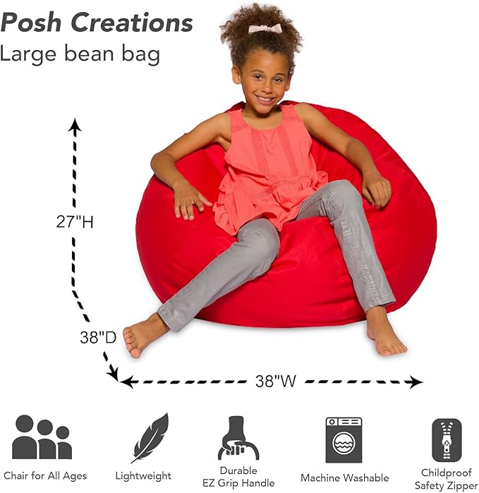 Posh Creations Bean Bag Chair Round EPS Filled Seat for Toddlers and Kids, Comfy Chair for Children, Large 38 Inch, Nylon - Solid Red