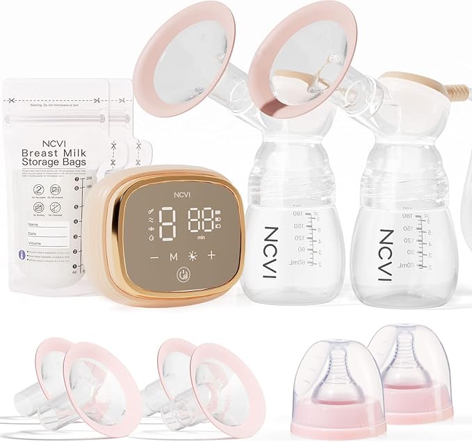 NCVI Double Electric Breast Pump 8102, Upgraded 4400mAh Battery with Night Light, Portable Breast Pump for Breastfeeding, 4 Modes & 9 Levels, LED Display, With 8 Flanges, Breastmilk Bags, Nursing Pads