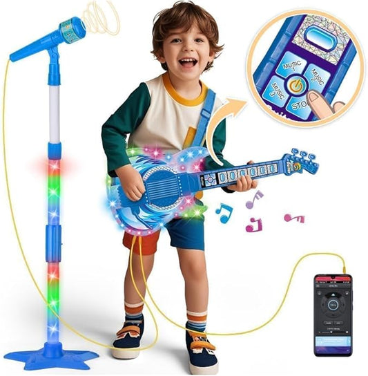 Kids Guitar and Microphone Set, Toy Guitar with Adjustable Volume and Strap, Microphone with Stand and Color Light, Toddler Musical Instrument for 3-5 5-9, Kids Karaoke Machine for Boy Girls(Blue)