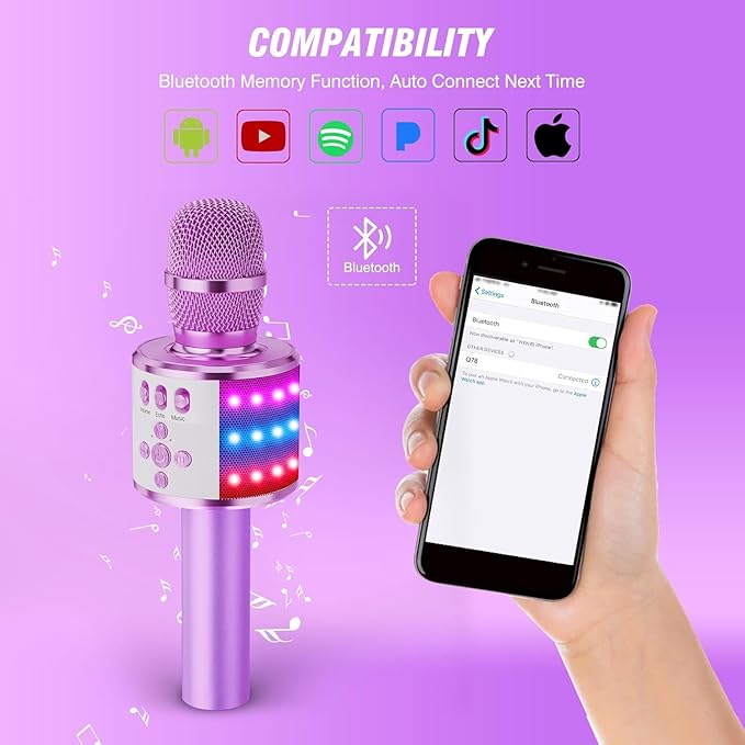 BONAOK Karaoke Microphone for Kids & Adults - Bluetooth Microphones Singing Mic with Disco Lights, Echo Effect, Built-in Speaker Portable Karaoke Player for Party Travel Gifts Q78(Light Purple)