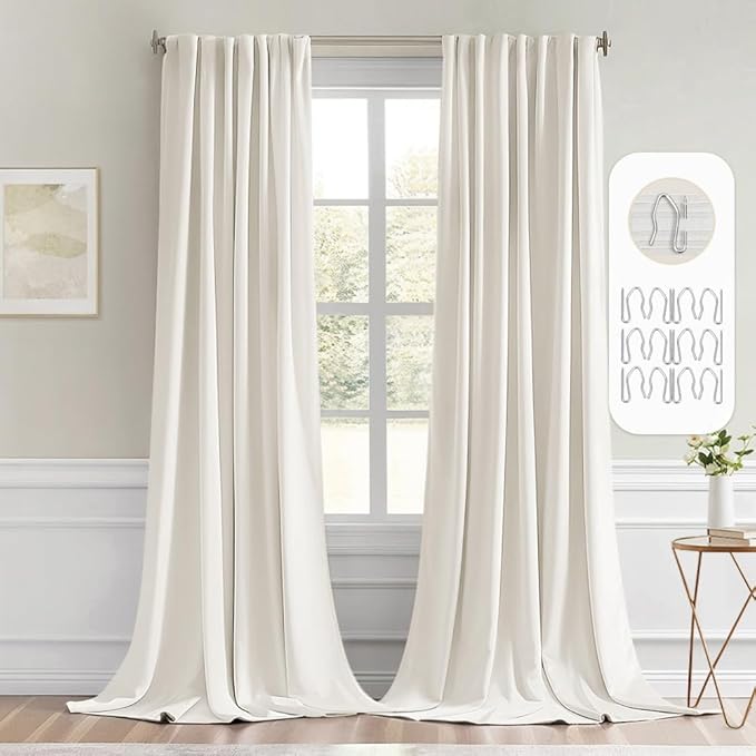 MIULEE Ivory Back Tab Blackout Curtains 108 Inch Long 2 Panels Set for Bedroom, Rod Pocket/Pinch Pleat Extra Long Thermal Insulated Living Room Darkening Pleated Light Blocking Drapes