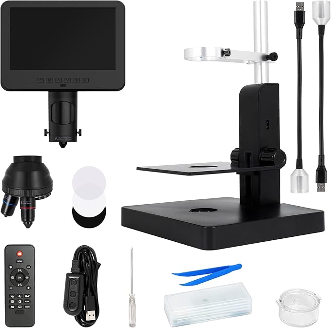 JL246P 3 Lens 7'' LCD Digital Microscope 1000X, Biological Microscope with Prepared Slides for Adults and Kids,12MP for Coin Microscope Full Coin View, 32G Card, Multiple Lights