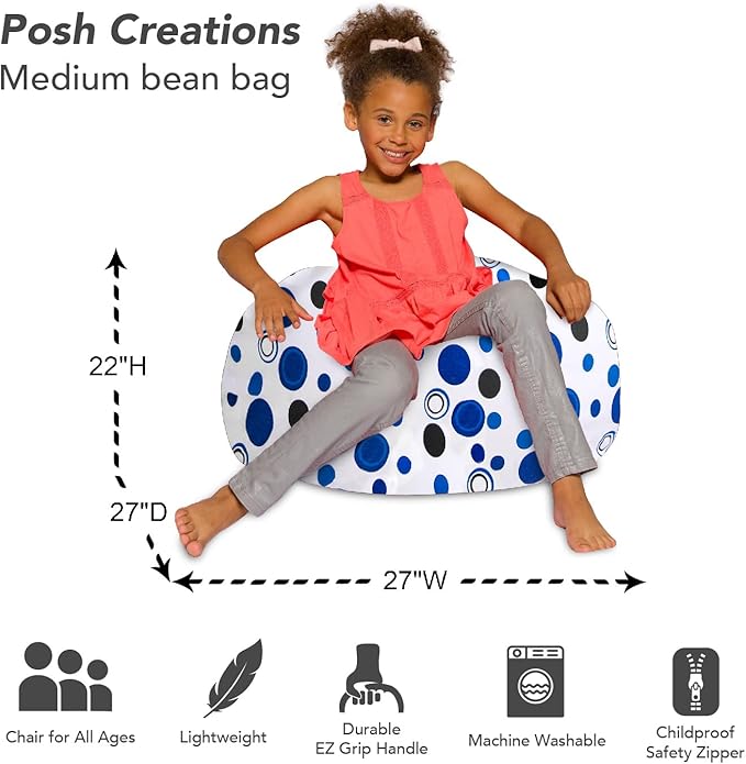Posh Creations Bean Bag Chair for Kids, Teens, and Adults Includes Removable and Machine Washable Cover, Canvas Bubbles Blue and White, 27in - Medium
