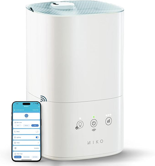 MIKO Ultrasonic Humidifiers for Bedroom Baby - Pre Filter, Wifi App controlled, Auto Mode, No Leak Design, Sleep Mode, Built-in Timer, Humidifier for Babies & Home