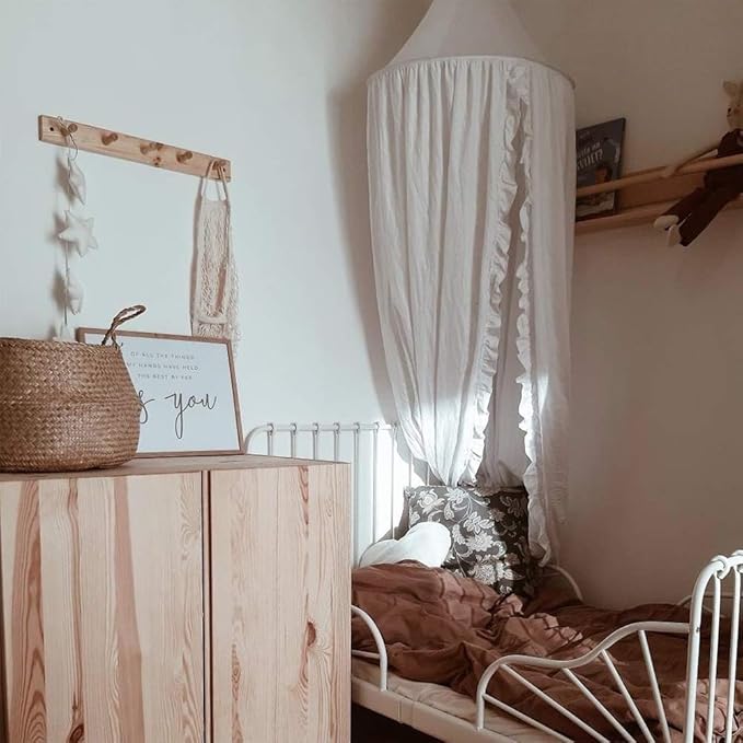 Bed Canopy with Frills Reading Nook Game Tent for Kids Boho Hanging Net Play Room Decor(White)