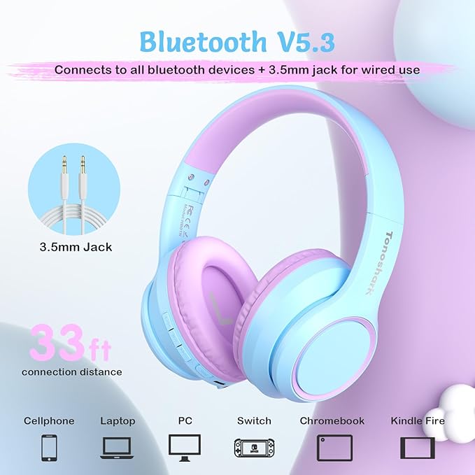 Active Noise Cancelling Headphones for Kids, 60H Playtime,Purple Wireless Bluetooth Over-Ear Headset Built-in Microphone for Home/School/Travel/Party - Includes Portable Case