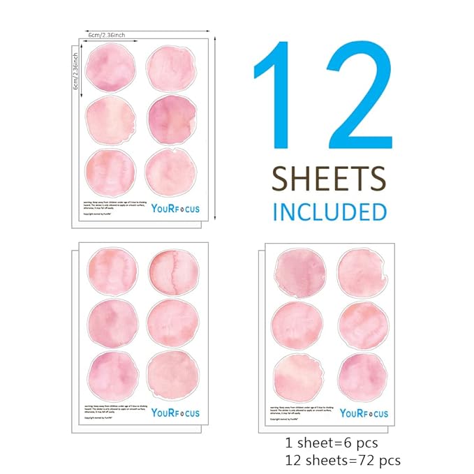 Pink Polka Dot Wall Decals 72 Pcs Watercolor Dots Wall Sticker for Kids Baby Girls Teens and Nursery Room (12 Sheets)