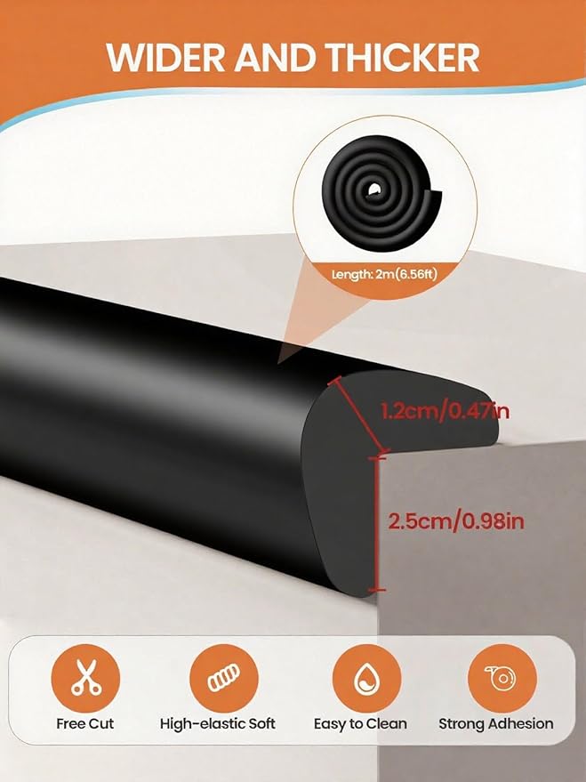 Baby Proof Edge Corner Protector, 6.56FT 0.47''Th L-Shape Furniture Corner & Edge Safety Bumpers with 6 Corners, Pre-Taped, Soft NBR Rubber Foam Desk Edge Cushion Wall Corner Protector（Black）