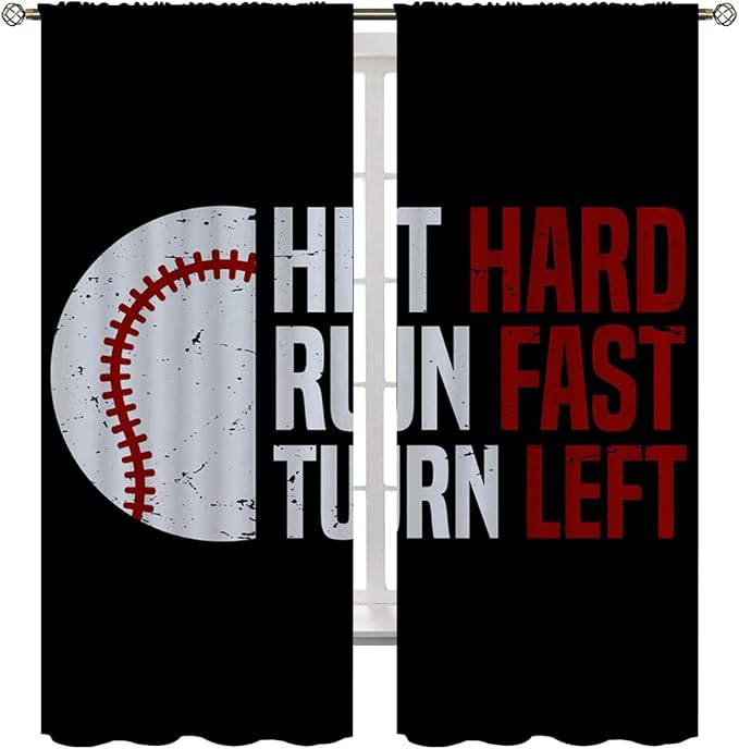 Baseball Blackout Curtains for Boy Girl Room Darkening Decor,Sport Theme Red and White Motto Dark Bedroom Living Room Home Rod Pocket Thermal Insulated Window Curtain/Drapes Panel,63x63 Inch…