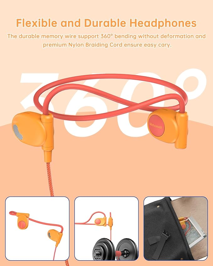 Kid Headphones for School, Air Conduction Open Ear Headphones, 3.5mm Jack Wired Cord, Ultra-Comfort, Ergonomic and Lightweight Design Perfect for School and Outdoor Activities-Orange