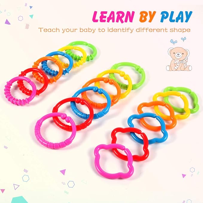 Link-to-Go Connecting Rings Toy Hanging Stroller Car Seat Crib Playmat Attach Toys Infant Newborn Boy Girl Clip On Early Education Learning Travel Accessory Set