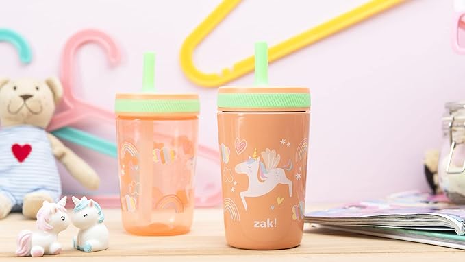 Zak Designs Unicorn Kelso Tumbler Set, Leak-Proof Screw-On Lid with Straw, Bundle for Kids Includes Plastic and Stainless Steel Cups with Bonus Sipper, 3pc Set, Non-BPA, 15 fl.oz.