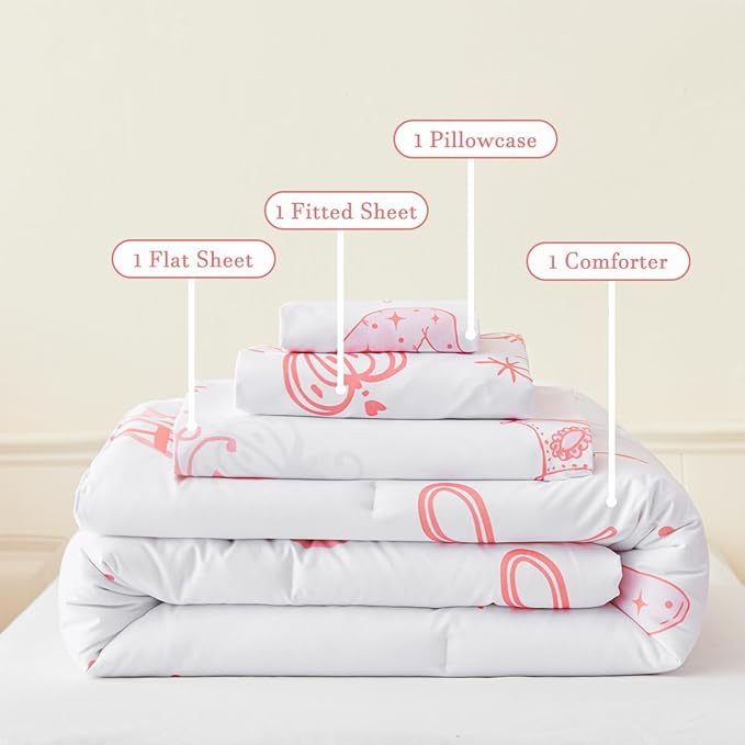 PERFEMET 4 Pieces Bow Comforter for Toddler Girls Reversible Bowknot Pink Toddler Bedding Set Ultra Soft Lightweight Princess Crib Bed Set with Sheets